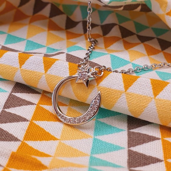 Crystal Shiny Micro Pave Moon Star Silver Trendy Necklace for Women, INDN8646 - Picture 5 of 6